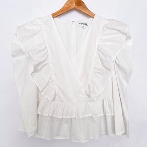 Express Ruffle Blouse Surplice Neckline 100% Cotton Feminine Size Small White